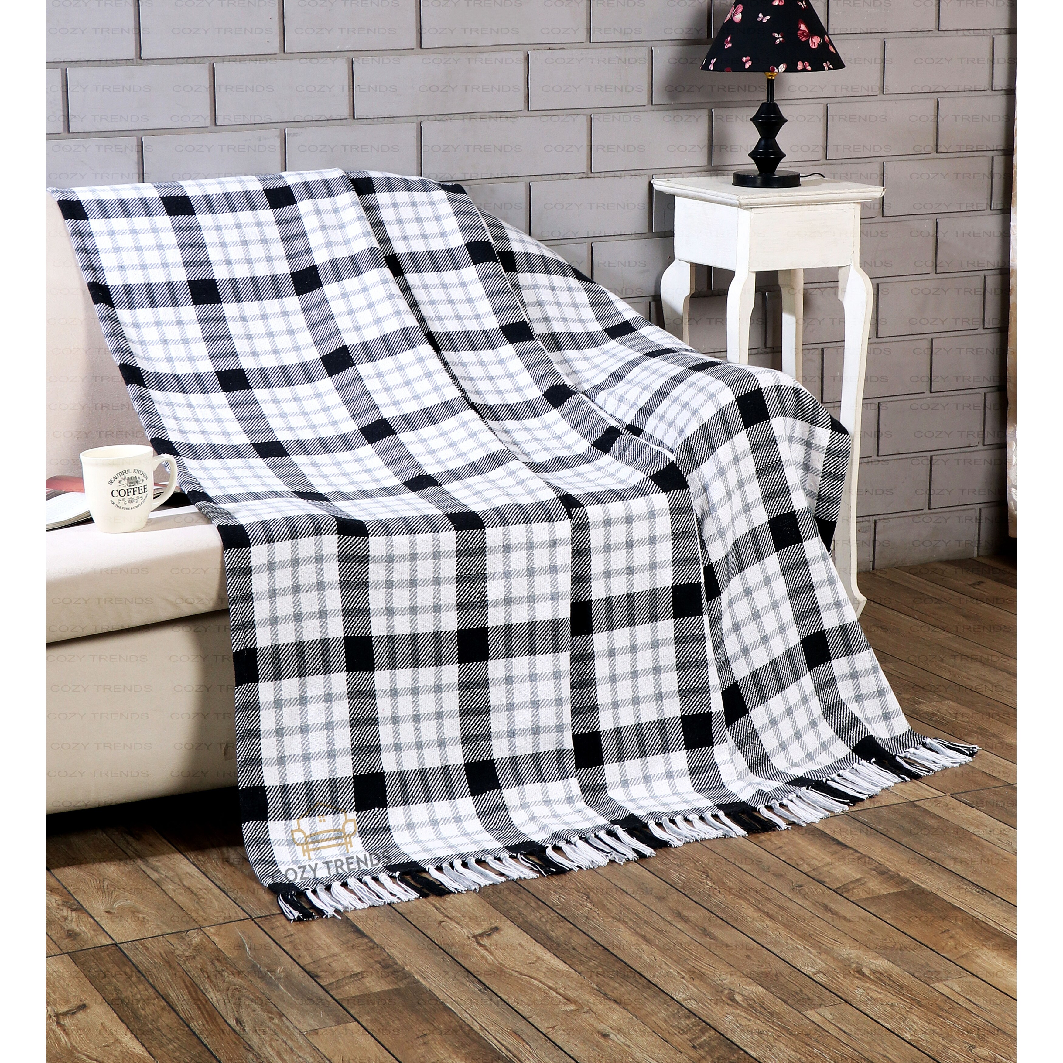 Woven cotton throw store blanket with fringe